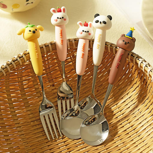 摩登主妇动物派对不锈钢勺子可爱儿童吃饭专用汤勺家用长柄叉勺 商品图0