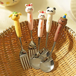摩登主妇动物派对不锈钢勺子可爱儿童吃饭专用汤勺家用长柄叉勺