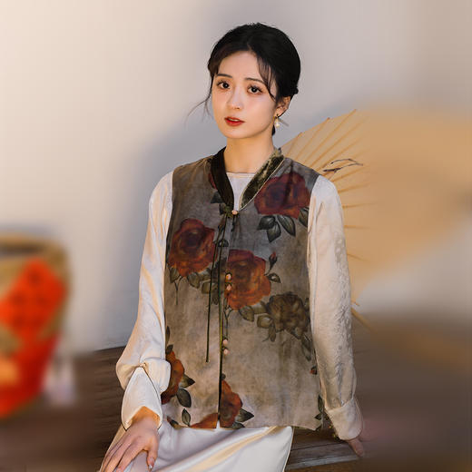 荷言GL原创新中式国风马甲自难忘拼接真丝绒复古上衣坎肩玫瑰印花 商品图0