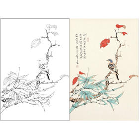 任重工笔画白描底稿《红叶秋禽》临摹勾线高清打印稿YL29