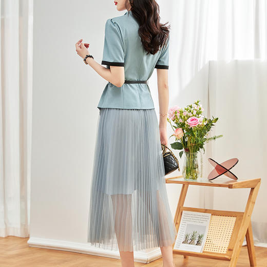 撞色翻驳领西装小外套+松紧腰网纱半身裙套装WLZD-2311308 商品图1