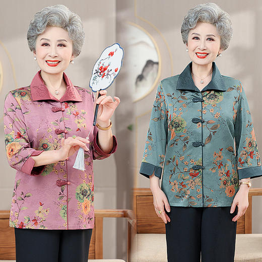 MC T363时尚上衣妈妈装翻领盘扣大码国风气质衬衣 商品图0