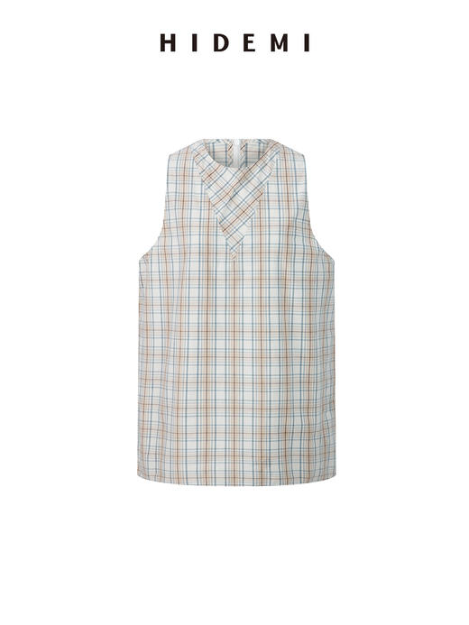 HIDEMI 度假系列极简色织格纹水洗棉感领巾背心阔腿裤套装 背心/长裤 商品图9