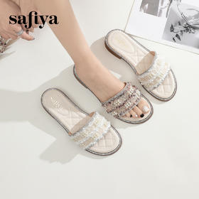 Safiya/索菲娅2024夏季小香风露趾软底外穿仙女珍珠平底一字拖鞋 SF42110420