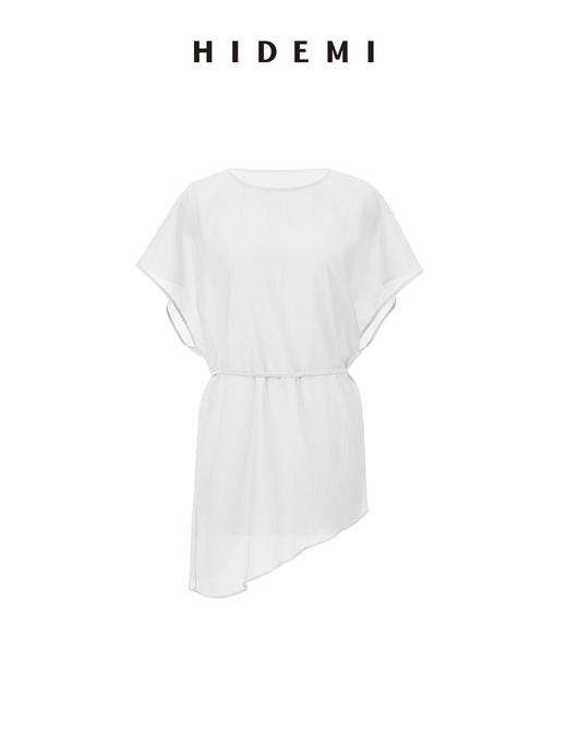 HIDEMI 度假系列清透感薄透落肩设计感开拆卸腰带式廓形不对称剪裁罩衫上衣 灰色/白色 商品图12
