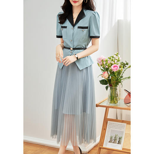 撞色翻驳领西装小外套+松紧腰网纱半身裙套装WLZD-2311308 商品图0