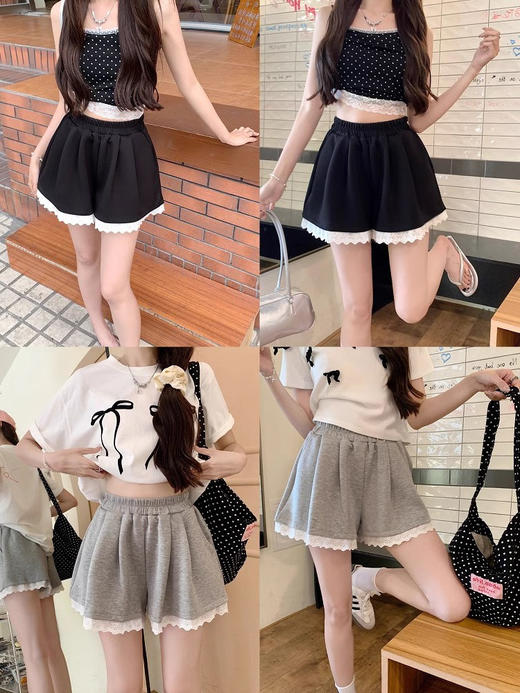 【韩版2025年，夏季新款甜美休闲短裤】蕾丝花边灰色休闲裤女，夏季气质百搭显瘦显高，松紧腰宽松阔腿裤小众外穿短裤QQ 商品图2