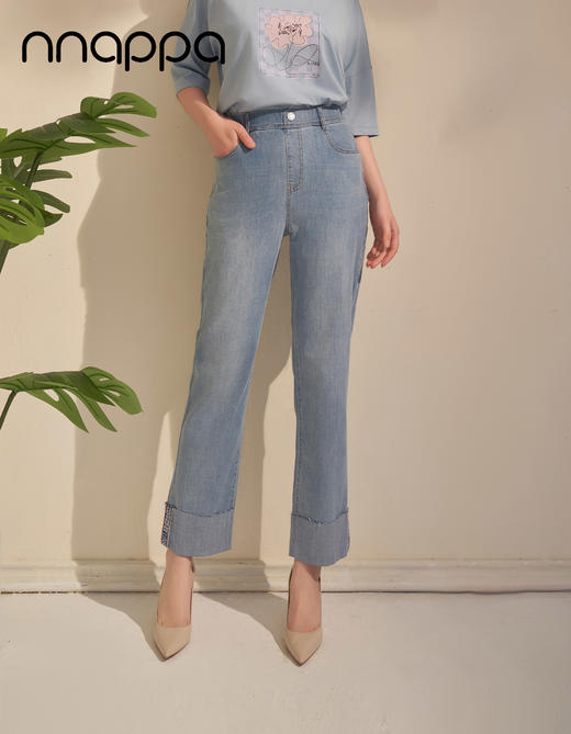 九分时尚翻边牛仔直筒裤PA29287 商品图0