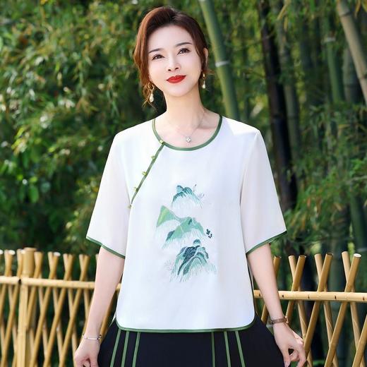 TZW-新中式T恤衫春秋妈妈薄T恤洋气宽松中袖小衫中年女中国风休闲上衣 商品图2