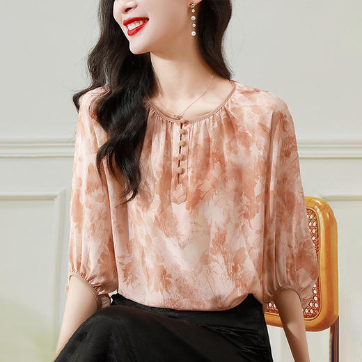 SMZ16615 2024夏季新款小众减龄法式轻熟别致薄款气质印花七分袖上衣 商品图0