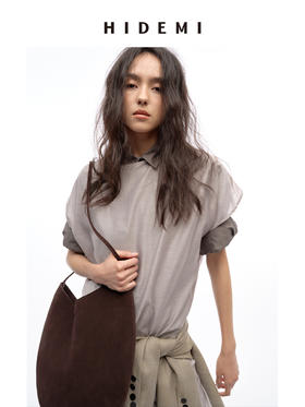 HIDEMI 度假系列清透感薄透落肩设计感开拆卸腰带式廓形不对称剪裁罩衫上衣 灰色/白色
