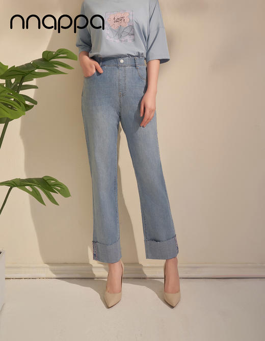 九分时尚翻边牛仔直筒裤PA29287 商品图1