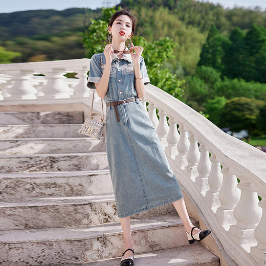 HR WS15199气质时尚蕾丝钉珠收腰显瘦牛仔连衣裙 商品图3