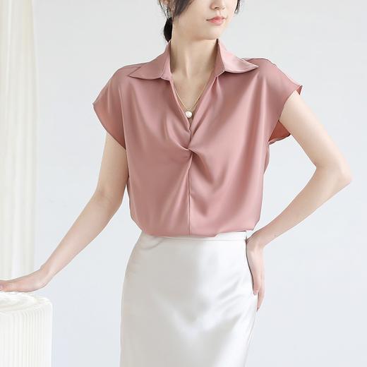 韩版设计感扭结链条落肩短袖衬衫女夏款V翻领通勤缎面显瘦衬衣_ym 商品图2