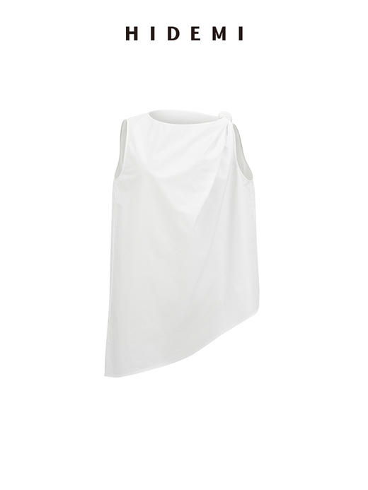 HIDEMI 度假系列极简纽结设计感不对称剪裁褶皱水洗棉背心上衣 白色/黑色 商品图9