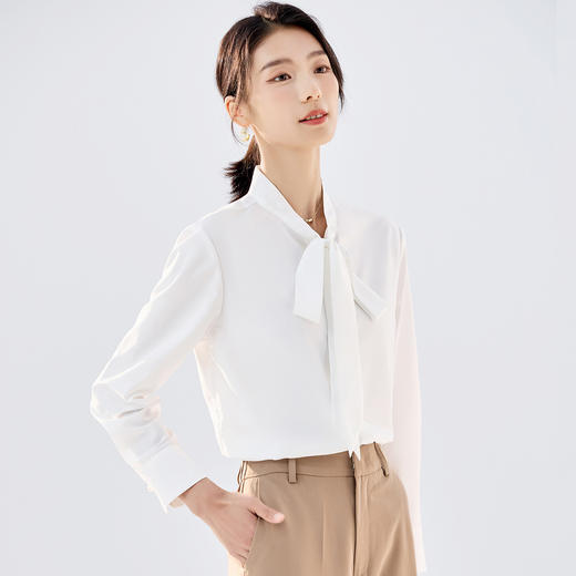 【莫代尔混纺】罗蒙女士长袖衬衫商务时尚百搭简约飘带上衣开衫女 商品图1