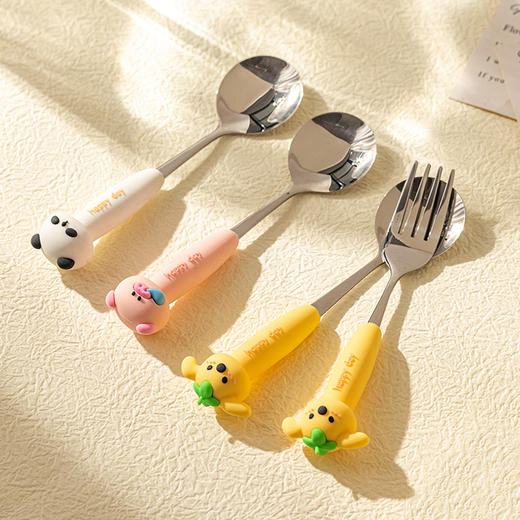 摩登主妇动物派对不锈钢勺子可爱儿童吃饭专用汤勺家用长柄叉勺 商品图2