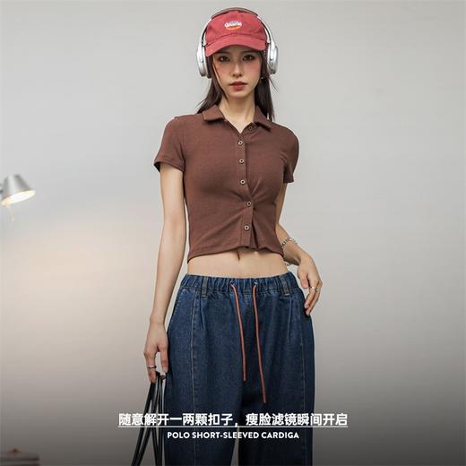 马登复古立领polo短袖修身短款正肩针织开衫辣妹露腰显瘦上衣夏女 商品图3