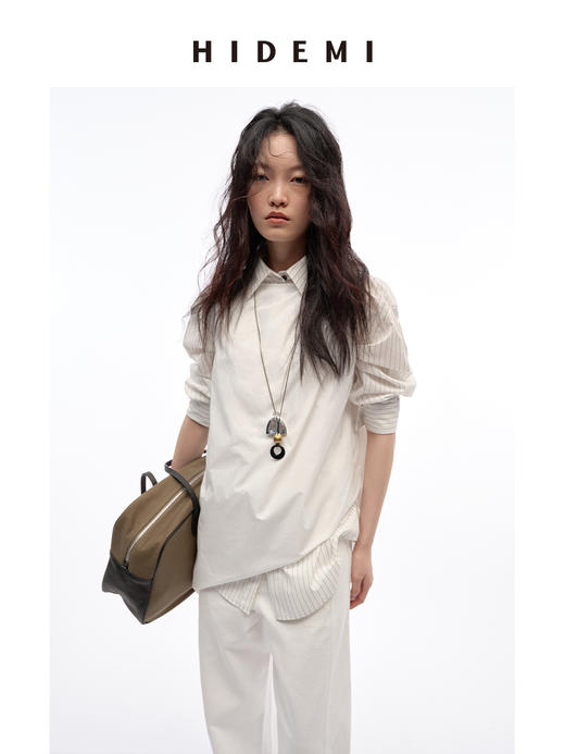 HIDEMI 度假系列极简纽结设计感不对称剪裁褶皱水洗棉背心上衣 白色/黑色 商品图0
