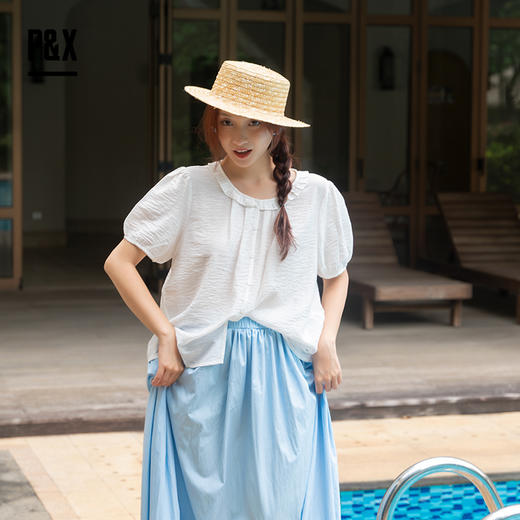 P&X设计师女装夏季 泡泡袖洋气休闲百搭衬衫小衫 824228170 白色 商品图2