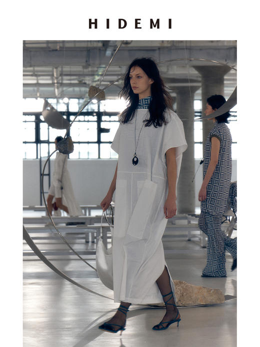 HIDEMI 度假系列极简一字领大口袋大廓形设计感水洗棉宽松式连衣裙 商品图5