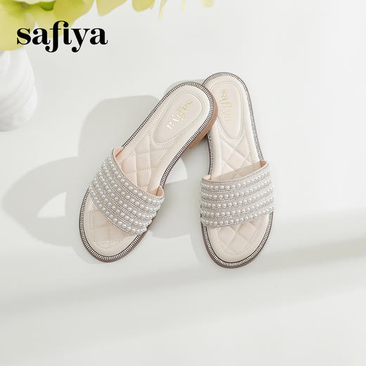 Safiya/索菲娅2024夏季珍珠一字拖时尚露趾外穿小香风平底拖鞋 SF42110418 商品图2