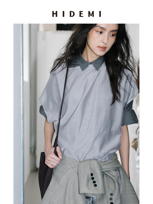 HIDEMI 度假系列清透感薄透落肩设计感开拆卸腰带式廓形不对称剪裁罩衫上衣 灰色/白色 商品图4