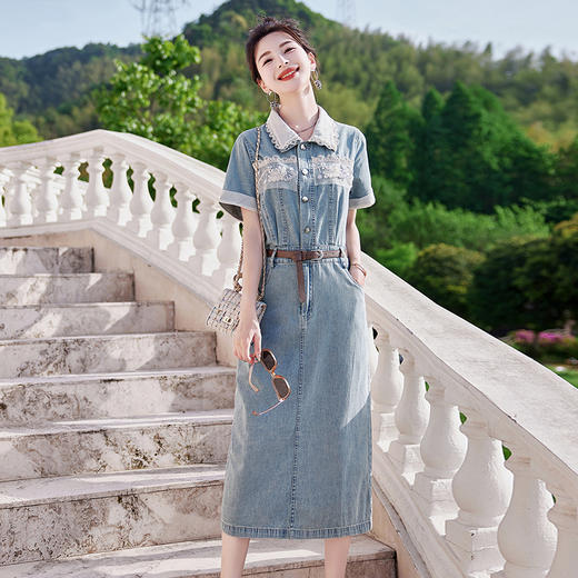 HR WS15199气质时尚蕾丝钉珠收腰显瘦牛仔连衣裙 商品图1