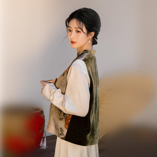 荷言GL原创新中式国风马甲自难忘拼接真丝绒复古上衣坎肩玫瑰印花 商品图1