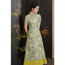 新中式改良奥黛旗袍2024春夏新款复古中国风长款印花连衣裙茶服LSB- 2780