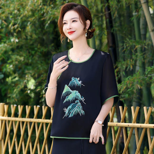 TZW-新中式T恤衫春秋妈妈薄T恤洋气宽松中袖小衫中年女中国风休闲上衣 商品图3