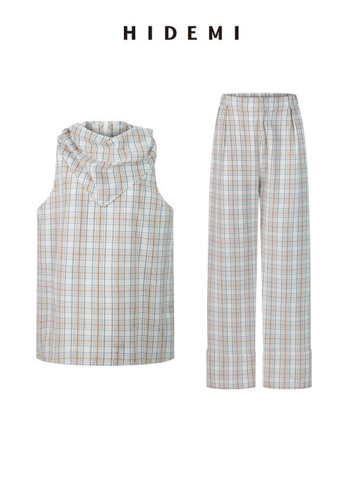 HIDEMI 度假系列极简色织格纹水洗棉感领巾背心阔腿裤套装 背心/长裤 商品图8
