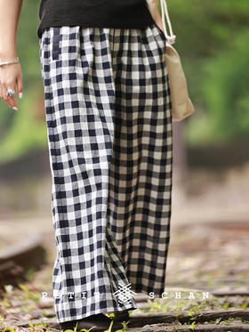 出格 进口棉苎麻提花格子直筒阔腿裤