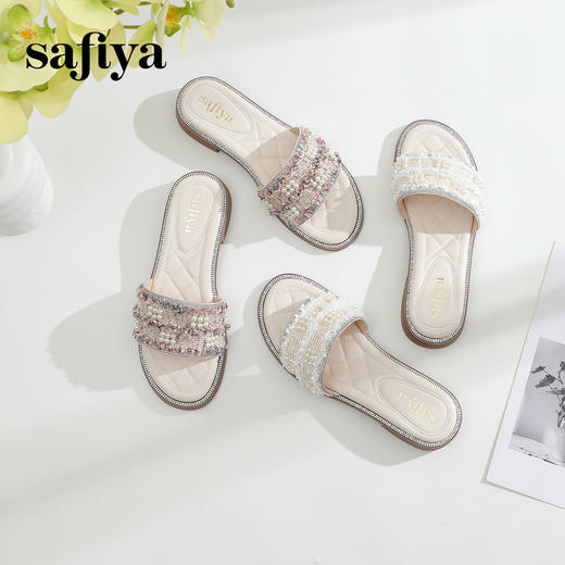 Safiya/索菲娅2024夏季小香风露趾软底外穿仙女珍珠平底一字拖鞋 SF42110420 商品图1