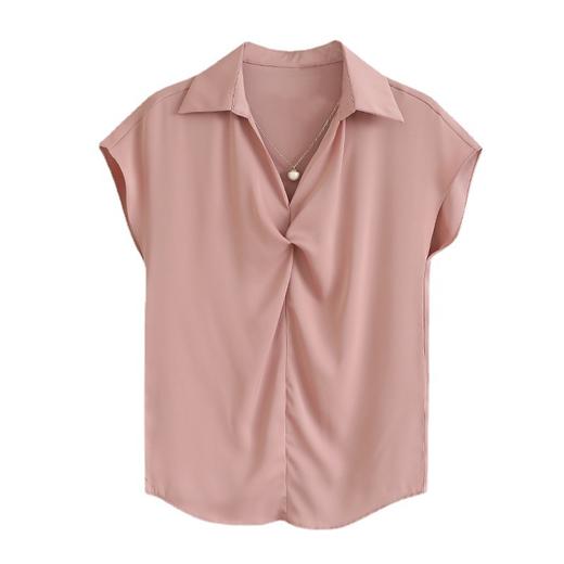 韩版设计感扭结链条落肩短袖衬衫女夏款V翻领通勤缎面显瘦衬衣_ym 商品图4