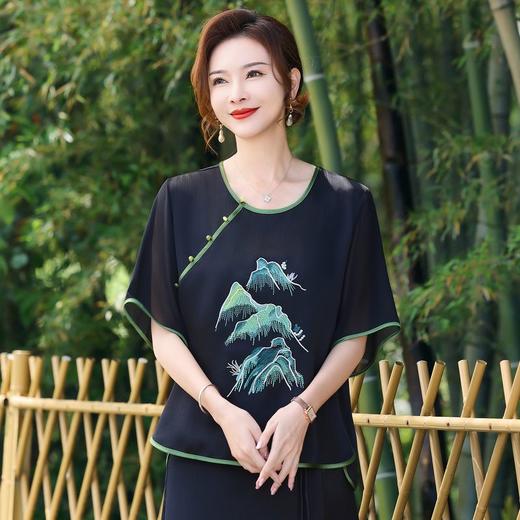 TZW-新中式T恤衫春秋妈妈薄T恤洋气宽松中袖小衫中年女中国风休闲上衣 商品图5