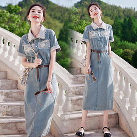 HR WS15199气质时尚蕾丝钉珠收腰显瘦牛仔连衣裙