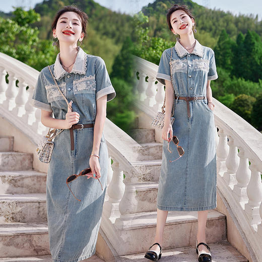 HR WS15199气质时尚蕾丝钉珠收腰显瘦牛仔连衣裙 商品图0