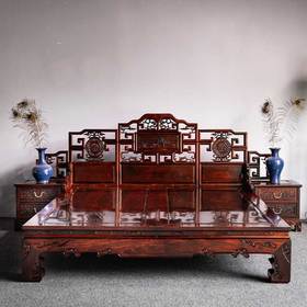 大红酸枝螭龙博古纹高低床含床头柜红木家具（运费到付）