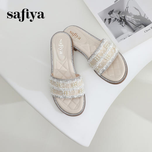 Safiya/索菲娅2024夏季小香风露趾软底外穿仙女珍珠平底一字拖鞋 SF42110420 商品图2