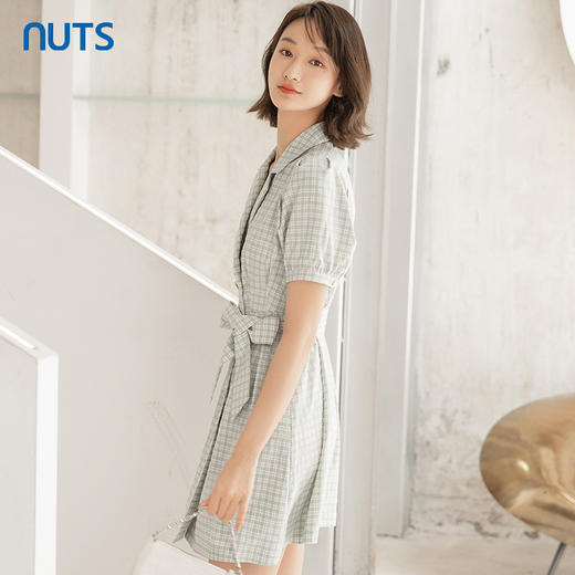 NUTS夏季新品时尚收腰显瘦短袖格子蝴蝶结连衣裙221101239B 商品图2