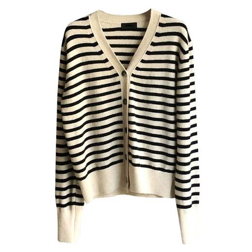 雀说 韩版复古羊毛针织开衫女春秋款宽松外穿V领薄款条纹毛衣外套上衣4ZF-41504 商品图4