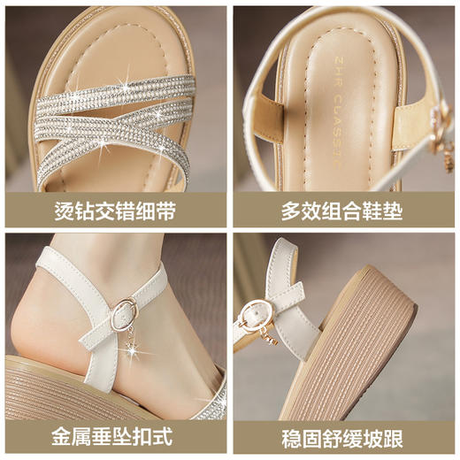 ZHR则则坡跟凉鞋女2024夏季新款外穿水钻松糕休闲罗马仙女风配裙 商品图3