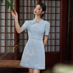 新中式国风旗袍立领提花牛仔连衣裙女夏季正肩收腰连衣裙V1541422