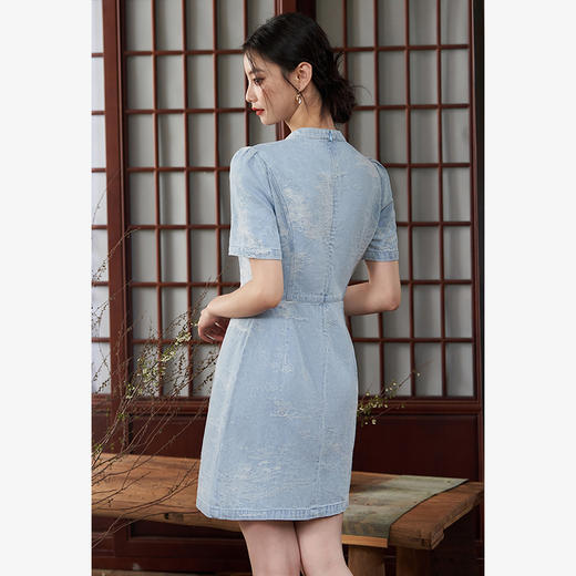 新中式国风旗袍立领提花牛仔连衣裙女夏季正肩收腰连衣裙V1541422 商品图4