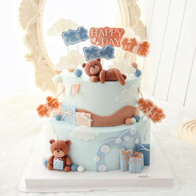 卡通主题款 翻糖立体小熊 咖色蓝色系 礼物 周岁 满月 男孩女孩造型蛋糕（需要提前三天以上预约定制）