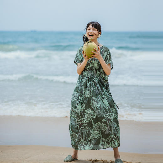 绽放旅行女装319朵/苎麻热带棕榈印花设计感海边旅游度假连衣裙 商品图2