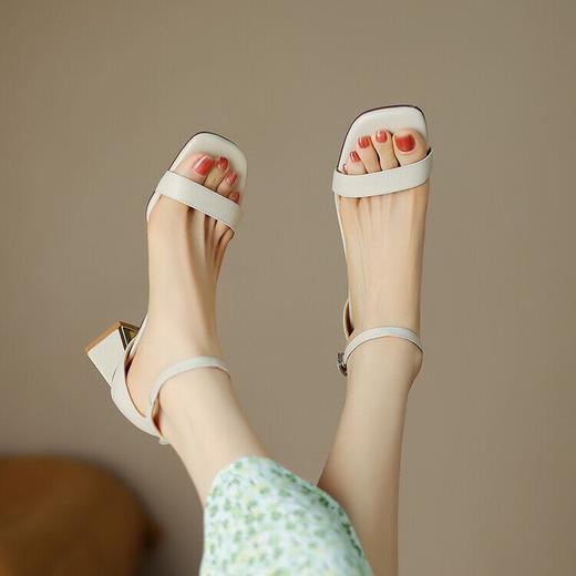 【预售5天】方头露趾牛皮高跟，简约一字扣带粗跟鞋凉鞋HB&Z139 商品图1