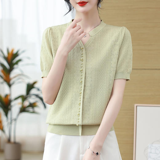 雀说冰丝短袖t恤新款洋钉珠气显瘦体恤衫针织衫宽松上衣AL 商品图0