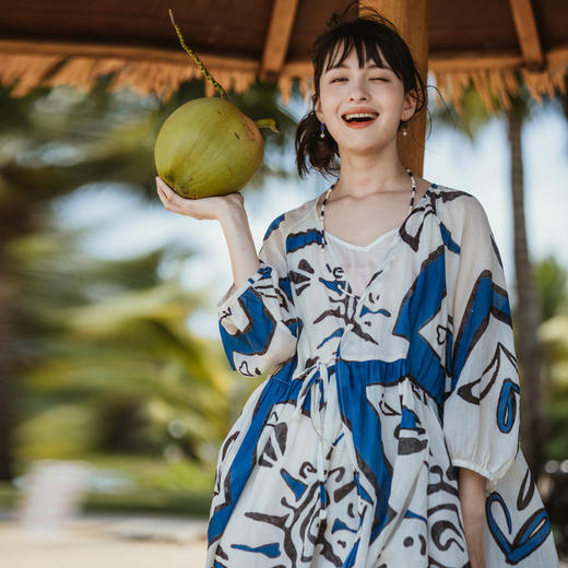 绽放旅行女装312朵/高支苎麻热带手绘印花棉麻度假连衣裙旅游穿搭 商品图1